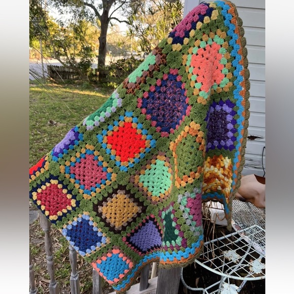 Granny Square Afghan Throw Blanket Green Red Purple Blue Yellow Handmade Vintage